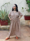 Ivory Red Floral Motif Hand Block Printed Caftan with V-Neck, Cinched Waist and Available in both Knee and Ankle Length