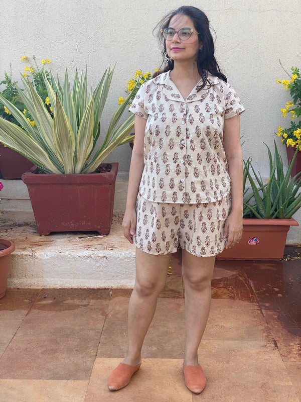 Ivory Paisley Motif Hand Block Printed Pjs | Organic Cotton Notched Collared Front Buttoned Pajama Set