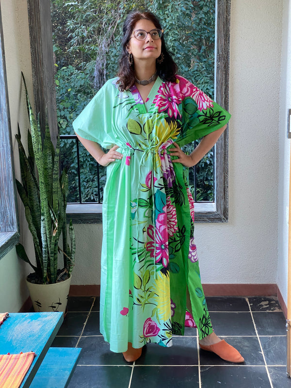 Jungle of Flowers V-Neck, Cinched Waist Ankle Length Caftan
