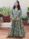 Ivory Green Leafy Motif Hand-Block Tiered Maternity Dress