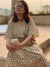 Ivory Mustard Tiny Tree Motif Hand Block Printed Caftan with V-Neck, Cinched Waist and Available in both Knee and Ankle Length