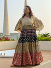 Mixed Colors Hand Block Printed Front Buttoned 5 Tiered Dress