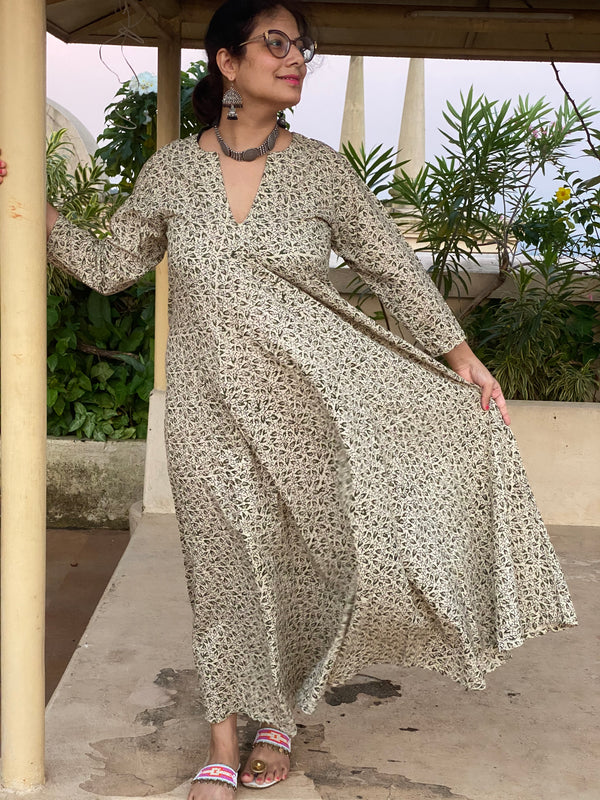 Ivory Green Teeny Tiny Leafy Motif Hand-Blocked Free Flow Dress | Available in both Knee and Ankle Length