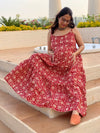 Red Lotus Motif Hand-Block Tiered Maternity Spaghetti Dress