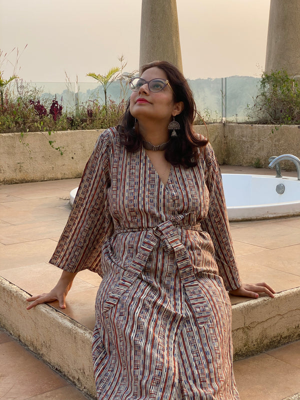 Blue Red Geometric Motif Hand Block Printed Kimono Robe | Available in both Knee and Ankle Length