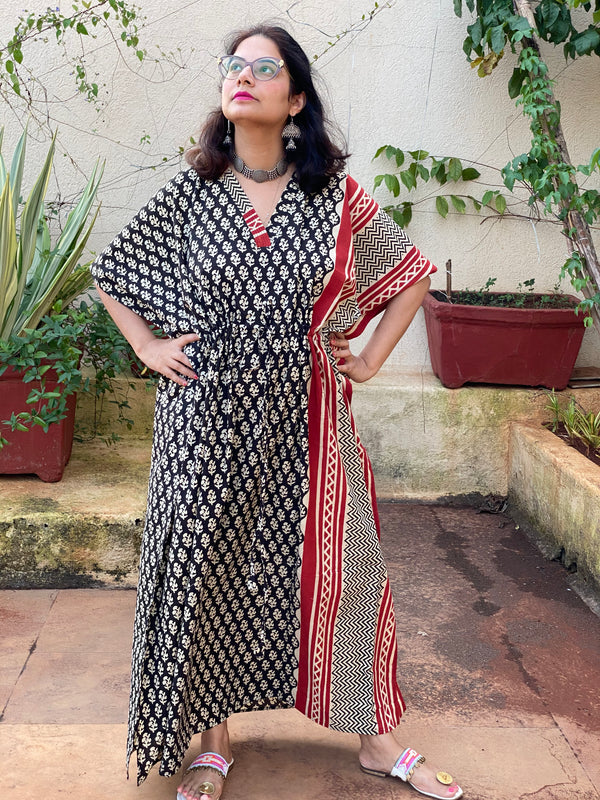 Black Red Bordered Hand Block Printed Caftan with V-Neck, Cinched Waist and Available in both Knee and Ankle Length
