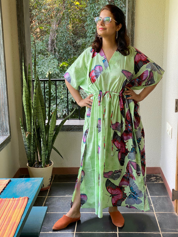 Butterfly Baby V-Neck, Cinched Waist Ankle Length Kaftan