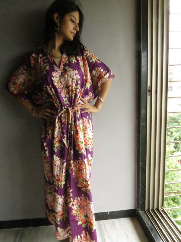 Purple Floral V-Neck Button Down to Waist, Ankle Length, Cinched Waist Caftan