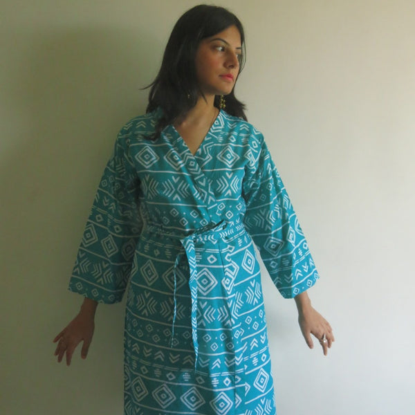 Teal Aztec Knee Length, Kimono Crossover Belted Robe