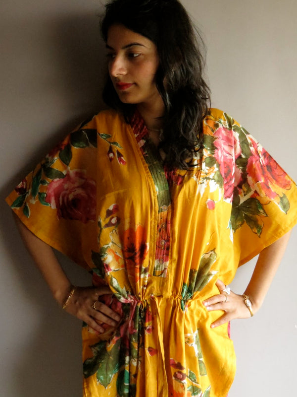 Yellow Large Floral Blossom V-Neck Button Down to Waist, Ankle Length, Cinched Waist Caftan