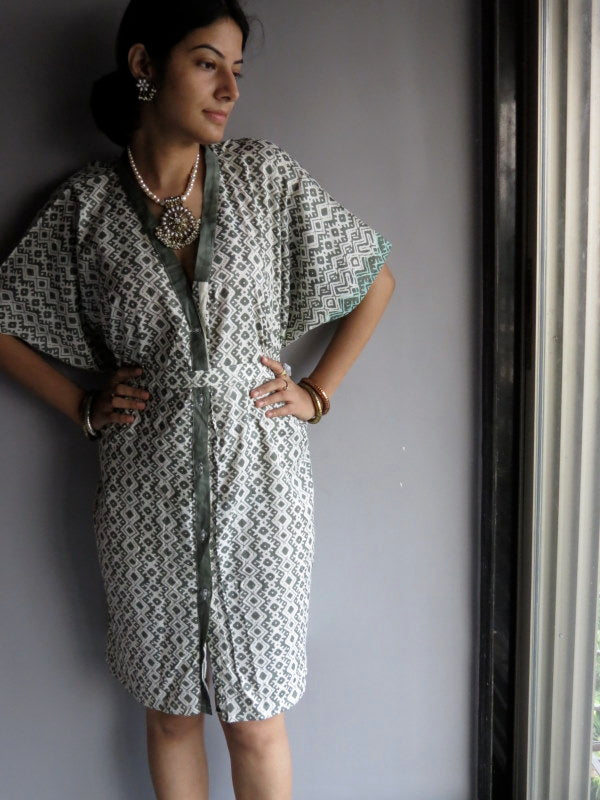 Military Green Chevron Geometric V-Neck Full Button Down, Knee Length, Belted Caftan-H5 fabric Code