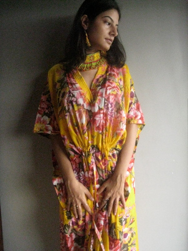 Yellow Floral Rosy Red Posy V-Neck, Ankle Length, Cinched Waist Caftan