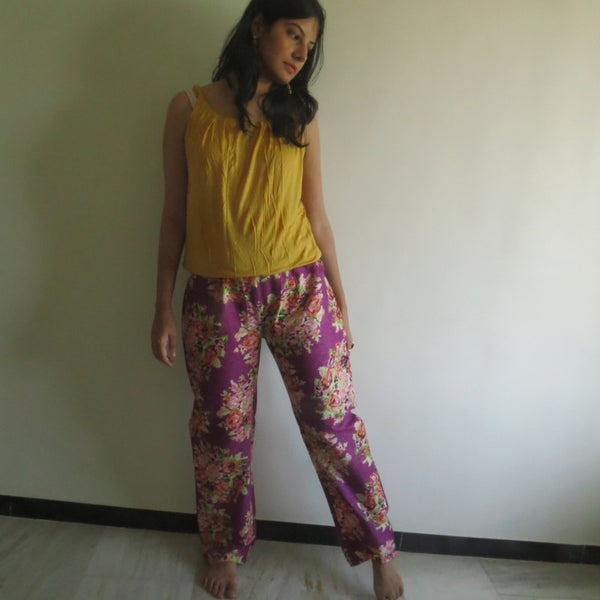 Purple Floral Straight Cut Drawstring Pajamas