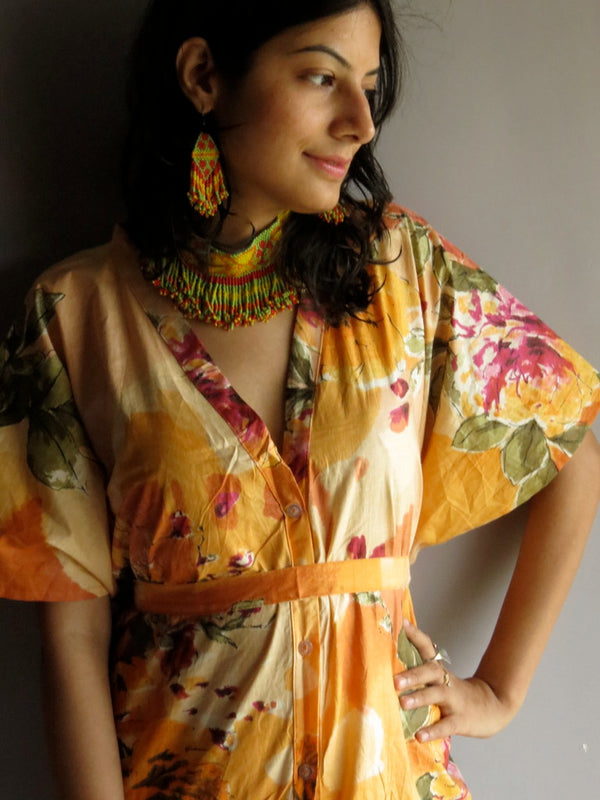 Light Peach Multicolor Big Flower V-Neck Button Down to Waist, Knee Length, Cinched Waist Caftan