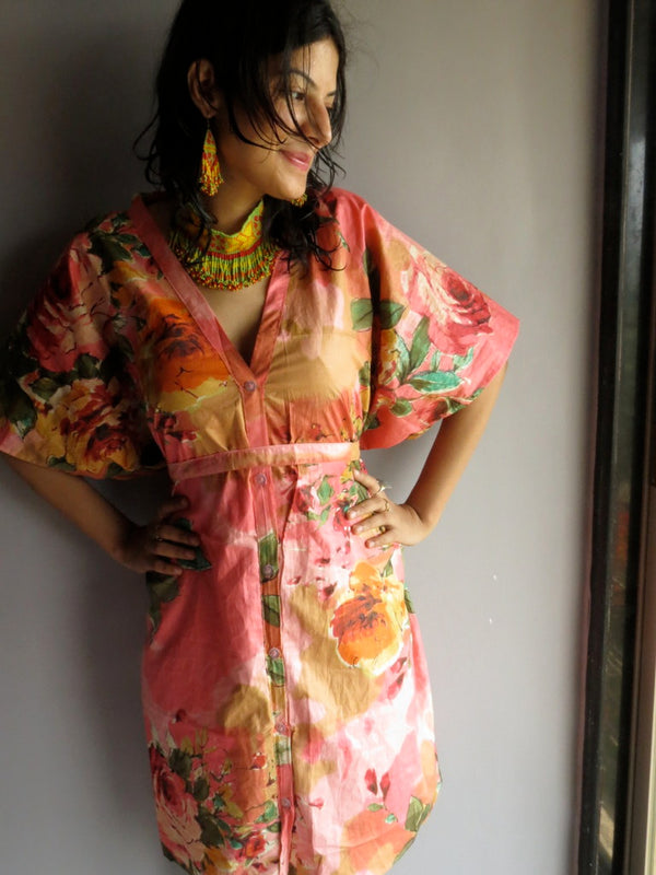 Coral Multicolor Big Flower V-Neck Button Down to Waist, Knee Length, Cinched Waist Caftan