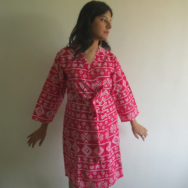 Red Aztec Knee Length, Kimono Crossover Belted Robe