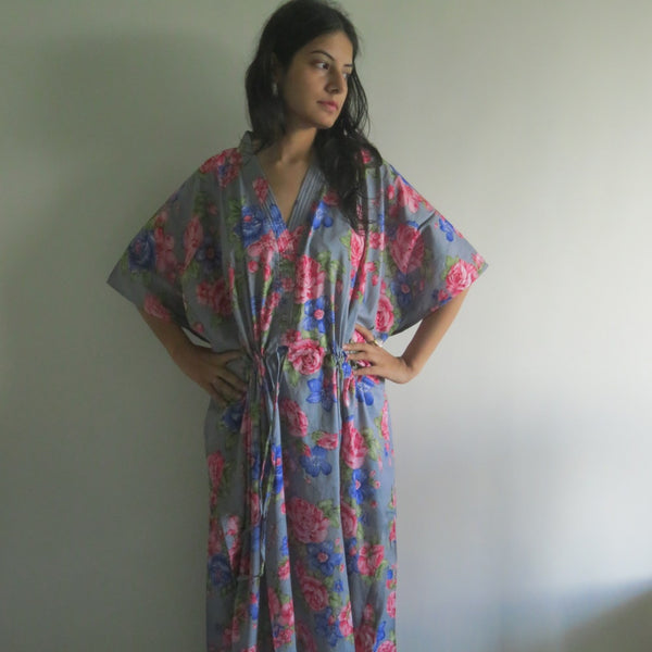 Gray Blue Floral V-Neck Button Down to Waist, Ankle Length, Cinched Waist Caftan