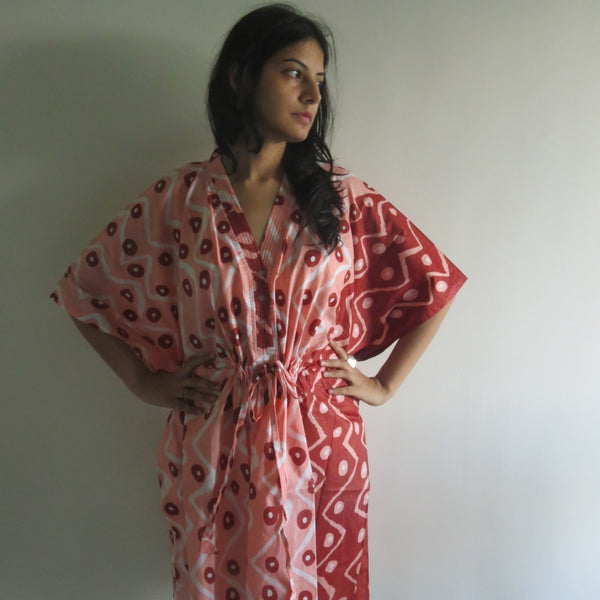 Peach Chevron Dots V-Neck Button Down to Waist, Knee Length, Cinched Waist Caftan