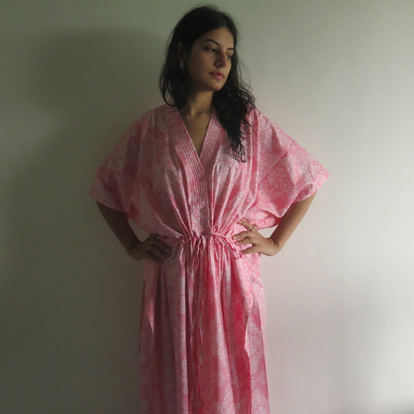 Pink Damask V-Neck Button Down to Waist, Ankle Length, Cinched Waist Caftan