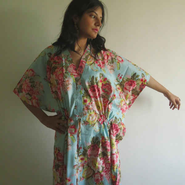 Light Blue Floral Rosy Red Posy V-Neck Button Down to Waist, Ankle Length, Cinched Waist Caftan