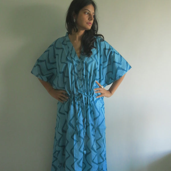 Teal Chevron V-Neck Button Down to Waist, Ankle Length, Cinched Waist Caftan