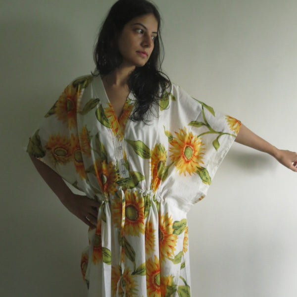 White Sunflower V-Neck Button Down to Waist, Ankle Length, Cinched Waist Caftan