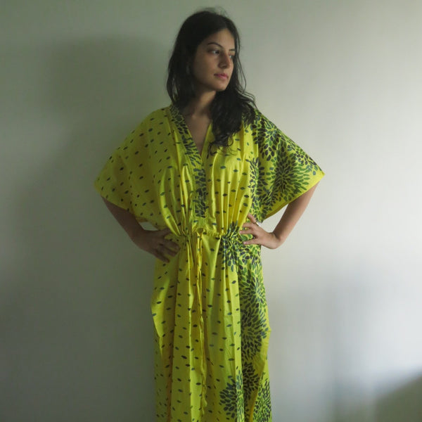 Yellow Abstract Floral V-Neck Button Down to Waist, Ankle Length, Cinched Waist Caftan