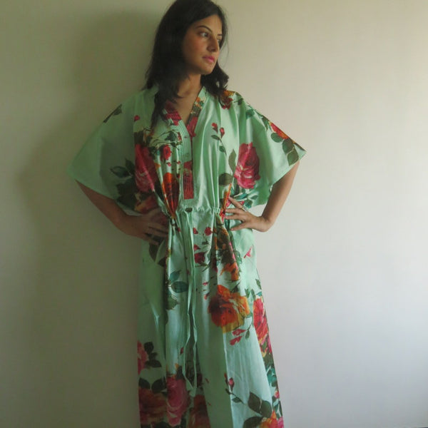 Mint Big Floral V-Neck Button Down to Waist, Ankle Length, Cinched Waist Caftan