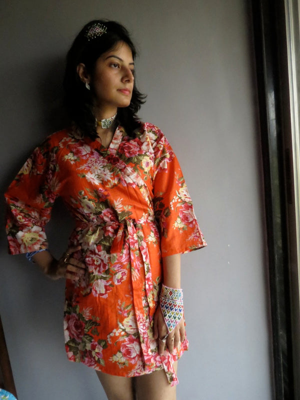 Orange Floral Knee Length, Kimono Crossover Belted Robe-A3 fabric Code