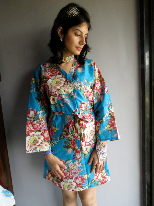Blue Floral Knee Length, Kimono Crossover Belted Robe-A4 fabric Code