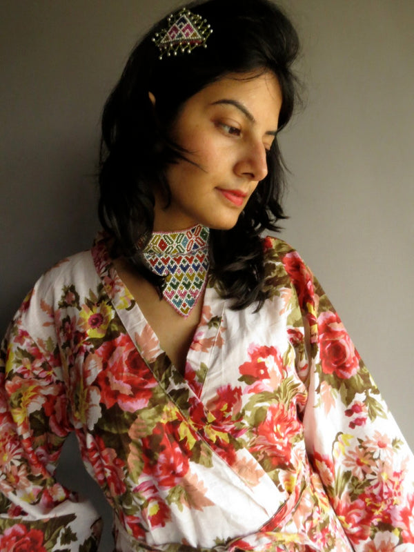 White Floral Knee Length, Kimono Crossover Belted Robe-A9 fabric Code