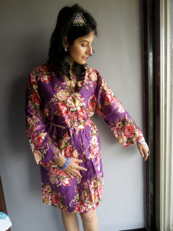 Purple Floral Knee Length, Kimono Crossover Belted Robe-A10 fabric Code