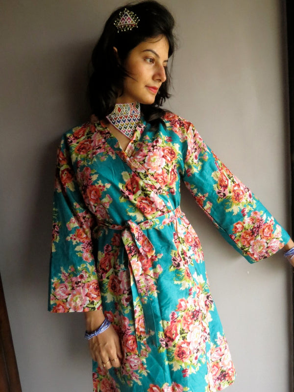 Teal Floral Knee Length, Kimono Crossover Belted Robe-C2 fabric Code