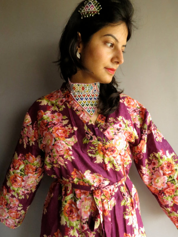 Purple Floral Knee Length, Kimono Crossover Belted Robe-C8 fabric Code
