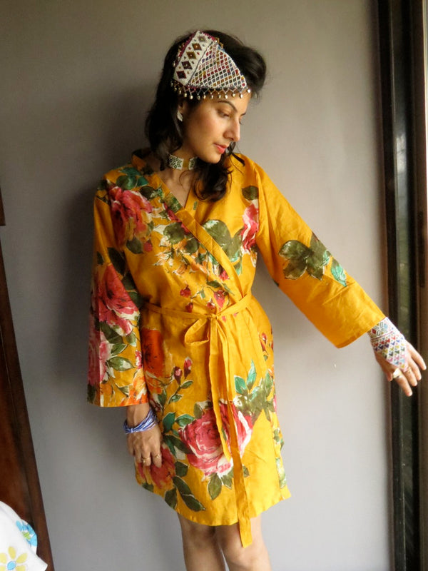 Yellow Floral Knee Length, Kimono Crossover Belted Robe-D9 fabric Code