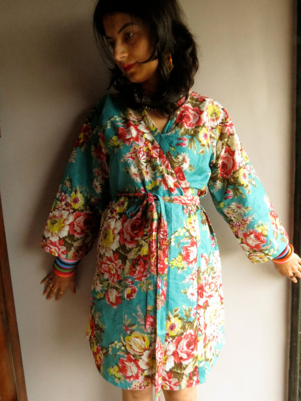 Teal Floral Knee Length, Kimono Crossover Belted Robe- A1 fabric Code