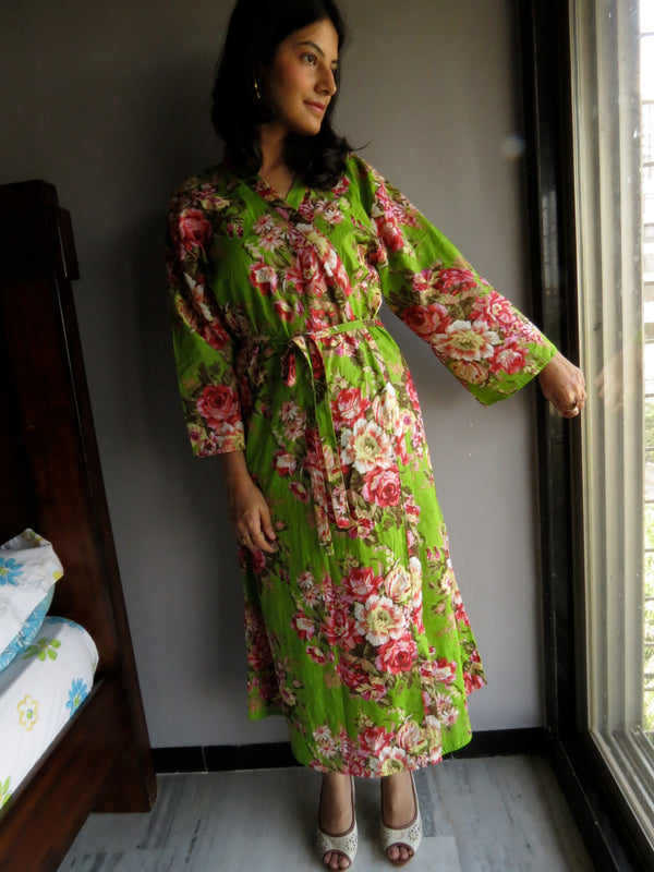 Green Floral Ankle Length, Kimono Crossover Belted Robe