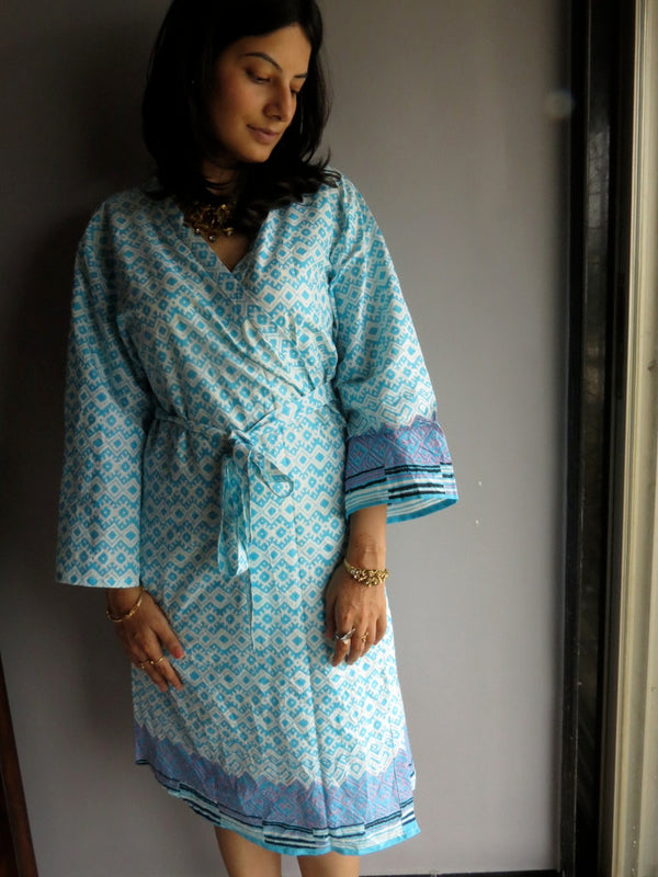 Light Blue Chevron Knee Length, Kimono Crossover Belted Robe
