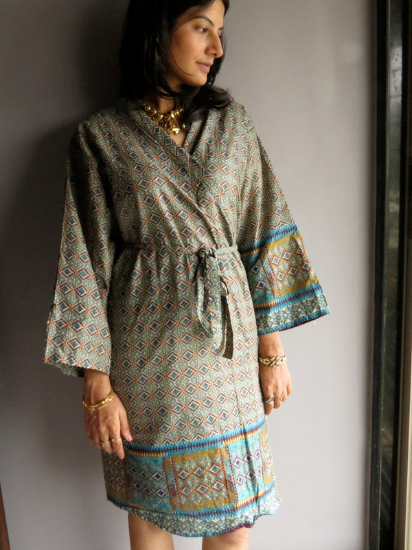 Blue Plaid Knee Length, Kimono Crossover Belted Robe