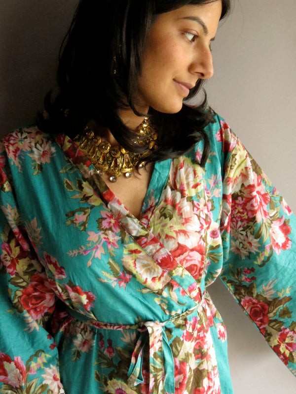 Teal Floral Ankle Length, Kimono Crossover Belted Robe-A1 fabric Code
