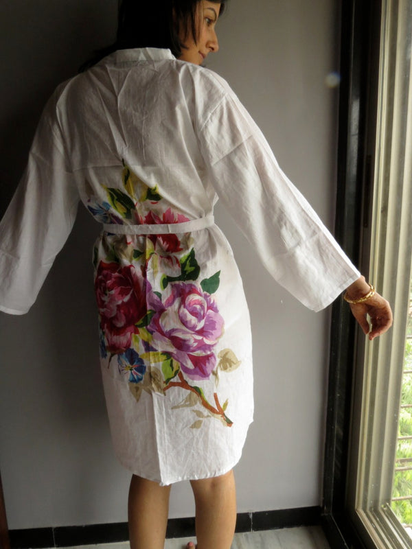 White Single Flower Knee Length, Kimono Crossover Belted Robe