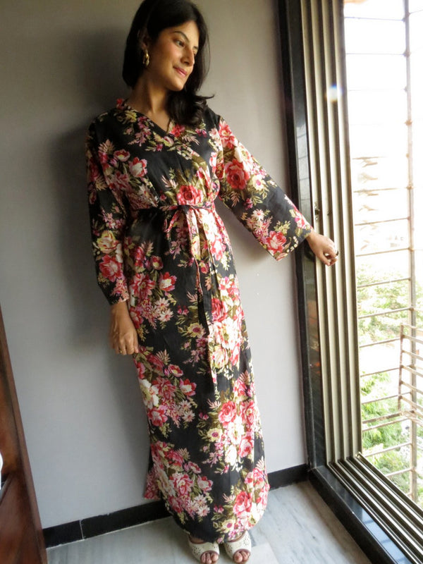 Black Floral Ankle Length, Kimono Crossover Belted Robe