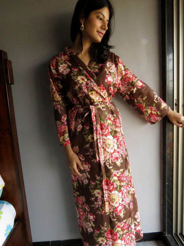 Brown Floral Ankle Length, Kimono Crossover Belted Robe-A2 fabric Code