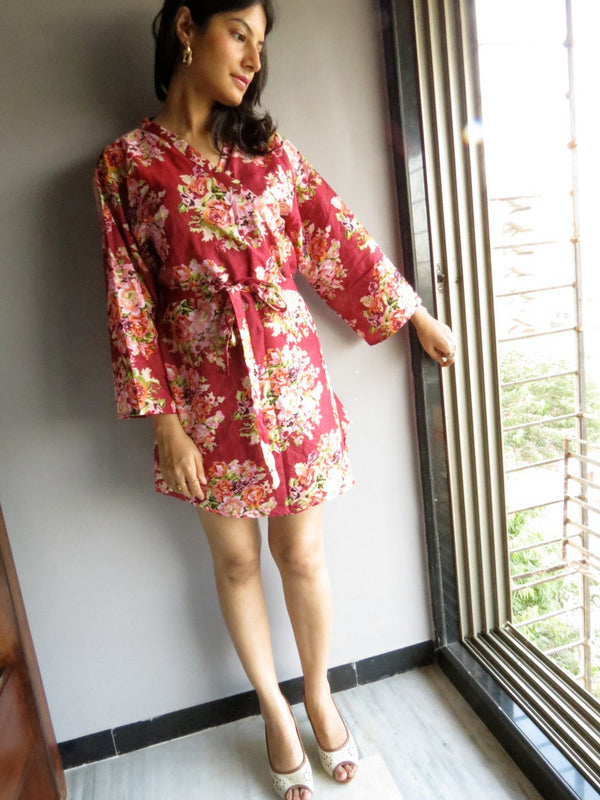 Maroon Floral Knee Length, Kimono Crossover Belted Robe- C3 fabric Code