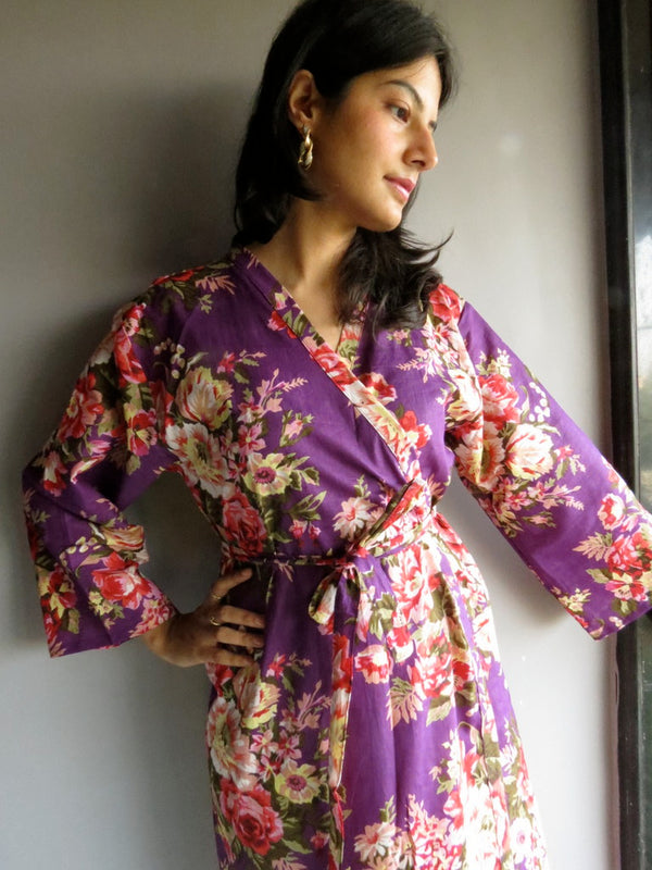 Purple Floral Ankle Length, Kimono Crossover Belted Robe-A10 fabric Code
