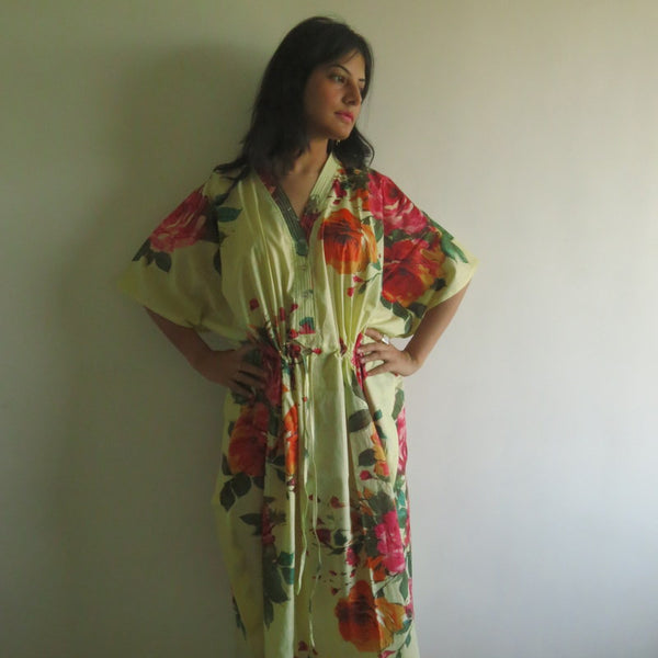 Light Yellow Large Floral Blossom V-Neck Button Down to Waist, Ankle Length, Cinched Waist Caftan