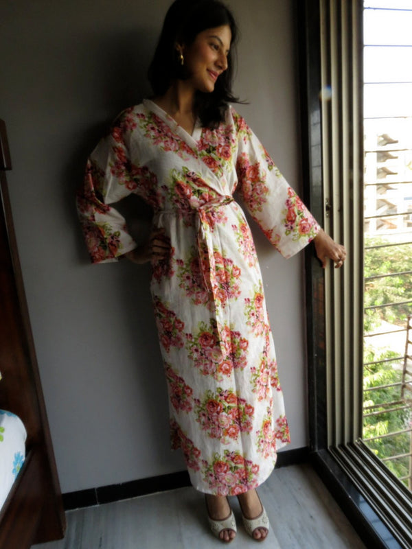 White Floral Ankle Length, Kimono Crossover Belted Robe-C7 fabric Code