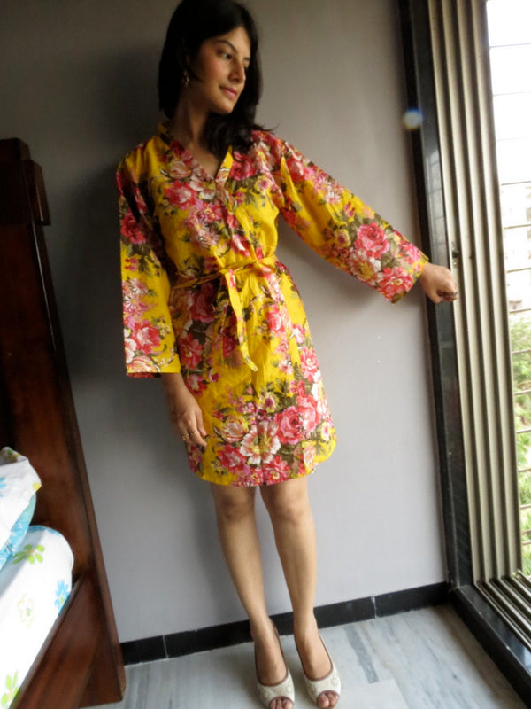 Yellow Floral Knee Length, Kimono Crossover Belted Robe-A7 fabric Code
