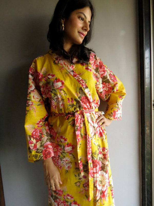 Yellow Floral Knee Length, Kimono Crossover Belted Robe-A7 fabric Code