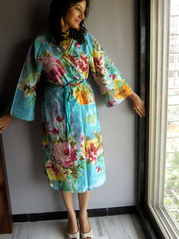 Blue Floral Knee Length, Kimono Crossover Belted Robe